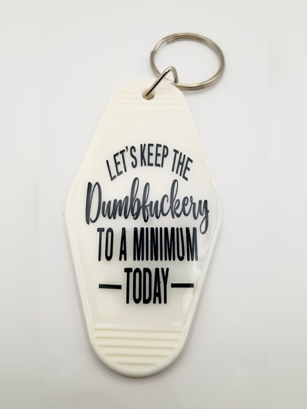 White Key Tag Keychain with Bold Black Text